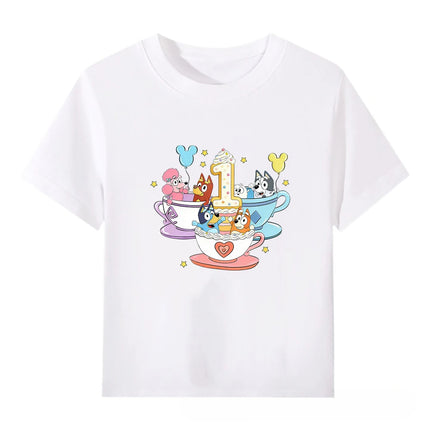 Bluey Children's White Short Sleeve T-Shirt 100% Cotton Number Series Cute Cartoon Tee for Boys and Girls