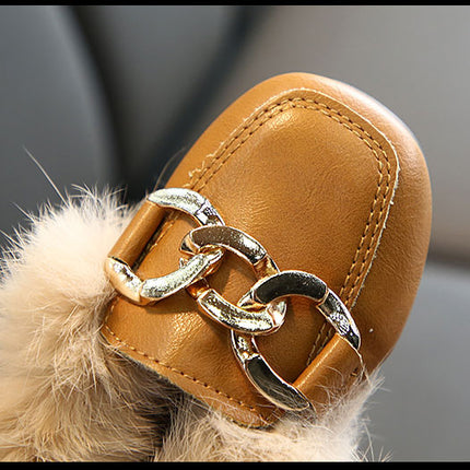 Kids Fur Shoes Children Velvet Shoes Baby Girls Warm Flats Toddler Black Brand Shoes Princess Loafer Chain Moccasin For Winter