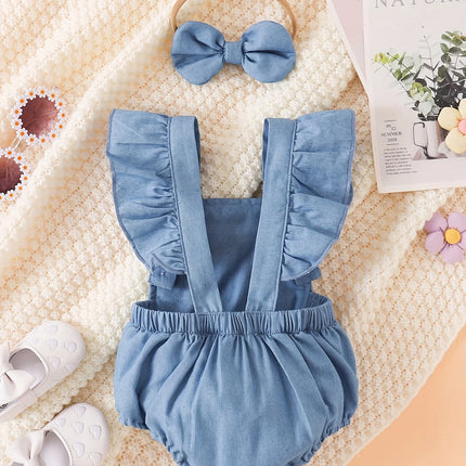 Baby Girl Soft Denim 3D Flower Embroidered Flutter Overall Romper + Bow Headband, Cute 2-Piece Outfit
