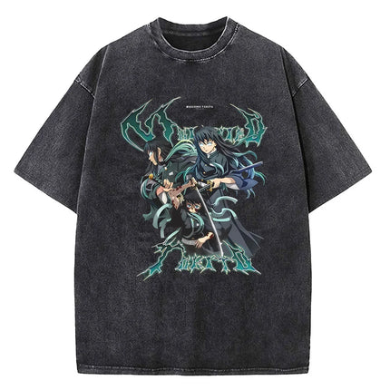 Japanese Anime Demon Slayer Printed Washed T-shirt Men Manga Casual T-shirts Harajuku Male Cotton T-shirt