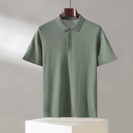 100% Lyocell men's T-shirt casual solid color knitted pullover short sleeved loose POLO collar Tees Pull on vest Tops