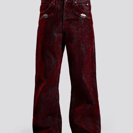 Mens Jeans American Vintage Flocked Flared Denim Pants Harajuku Unisex Loose Fit High Street Streetwear Ins Style Fashion New