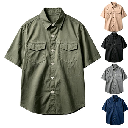 Summer Men's 100% Cotton Short Sleeve Shirt Double Pocket Solid Color Cargo Shirts Casual Vacation Beach Style Lightweight Tops