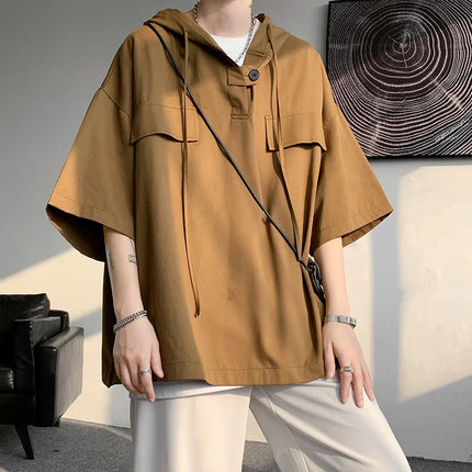 2026 Summer Men Hooded Shirt Korean Half Sleeve Pullover Streetwear Hip Hop Loose Shirt Tops Drawstring Men Clothing M-5XL