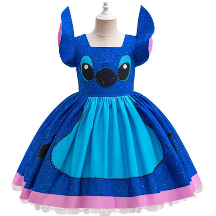 Stitch Character Cosplay Dress for Kids Girls Lilo & Stitch Blue Sparkly Dress with 3D Ears for Halloween Birthday Party