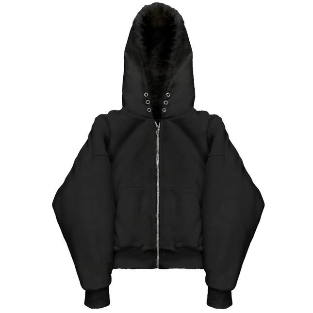 Autumn and winter season women's street retro hooded zipper solid color double-sided cardigan sweatshirt jacket clothing Y2K