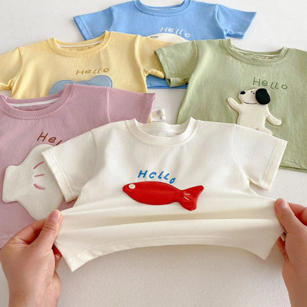 2026 New Summer Kids Clothes Cute Cartoon Patch Short Sleeve T-shirt 0-5Y Girls Boys Letter Print Casual Soft Undershirt
