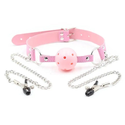 1Pc Erotic Toy PU Leather Mouth Gag Ball Oral Sex With Chain Clip Breast Nipple Clamps Bondage Harness Sex Toys Adult Games