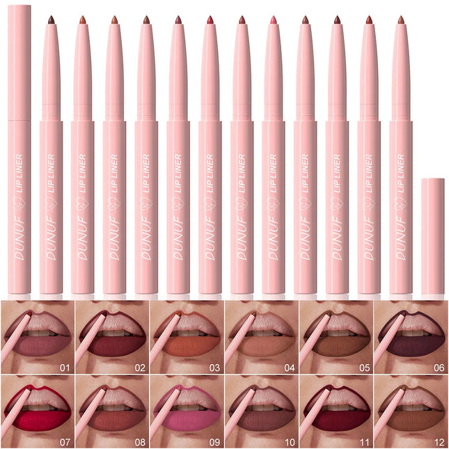DUNUF 12 Color Matte Lip Liner Pencil Set Waterproof Smudge Proof Long Lasting Vegan Cruelty Free Lipstick Makeup Kit
