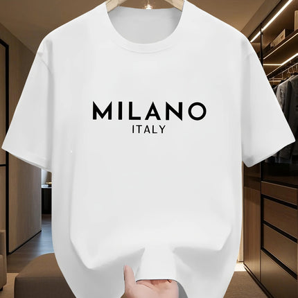 Men's 100% Pure Cotton Fashionable Casual Loose Italian Style Milan Letter Print Round Neck Short Sleeve T-Shirt Top