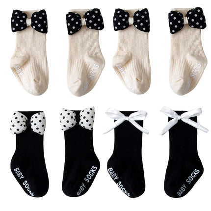 1/4pairs 0-2Y Cute Baby Girls' Cotton Mid-calf Socks Solid Bowknot Non-slip Sockens Toddler Kids Spring & Autumn Newborn Socks