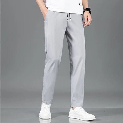 Summer Ice Silk Men's Pants Elastic Straight Leg Sweatpants Black Gray Thin Business Casual M-5XL Outdoor Breathable
