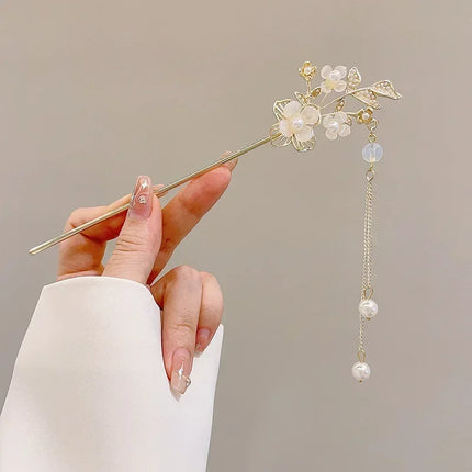 Retro Tassel Pearl Rhinestone Hair Stick Chinese Style Hairpin for Women Wedding Hair Accessories Charm Metal Hairpins Jewelry