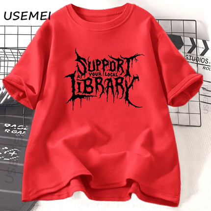 Death Metal Print T-shirt Men Women Support Your Local Library T-shirt Librarian Gothic Tee Cotton Short Sleeve Reader Tee