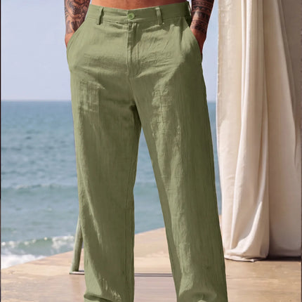 2026 Summer Men'S Cotton And Linen Pants Multiple Pockets Breathable Loose Drawstring Straight Leg Pants Sports And Casual Pants