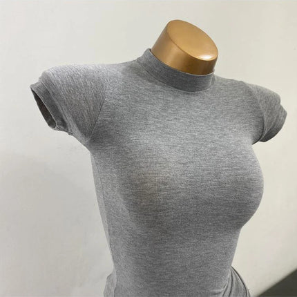 Korean Transparent Short-Sleeved Slim-Fit Elastic Solid Color Bottoming T-shirt with Half-High Collar - Sexy Big Chest T-shirt