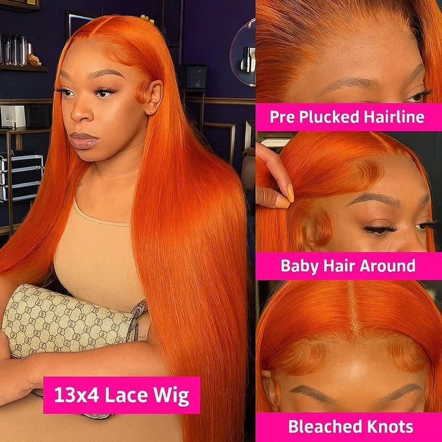 Orange Colored Bone Straight Orange Ginger Lace Front Wigs 100% Human Hair 13X4 HD 13x6 Lace Frontal Wigs For Women Pre Plucked