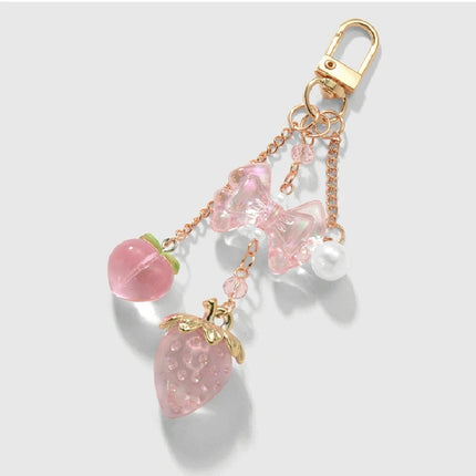 Y2K Bowknot Strawberry Keychain for Women Exquisite Sweet Flower Peach Bag Pendant Cute Romantic Accessorymobile Phone Chain