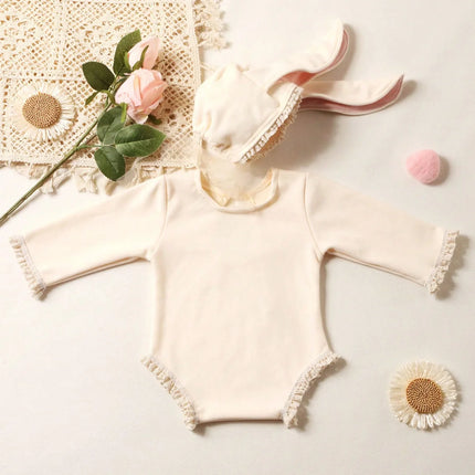 Ylsteed Newborn Outfits for Photo Shooting Long Sleeve Baby Bodysuit with Big Rabbit Ears Hat Infant Photography Clothes