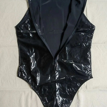 Wet Look PVC Sleeveless Catsuit Shiny PU Leather Tank Bodysuit Tights High Cut Sukumizu Swimsuit Body Teddies Leotard Unitard