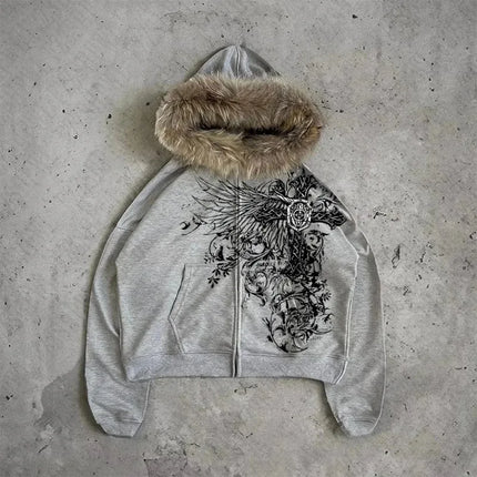 American Style Hip-Hop Style Y2K Autumn and Winter New Item Unisex Thick Print Warm Hoodie Jacket Zipper with Hat