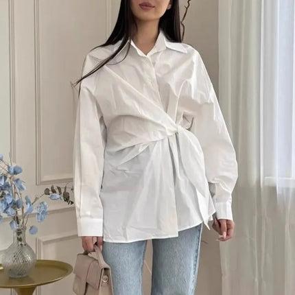 Women's New Shirt Side Waist Tie Slim Fit Casual Long Sleeve Solid Shirt 2026 New Collection Autumn Fashion Loose Ropa Mujer