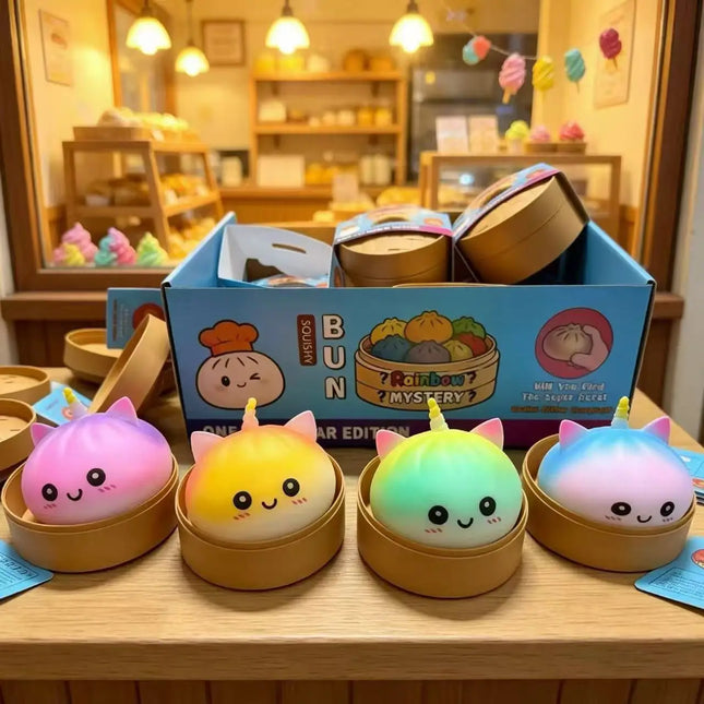 New Viral Large Rainbow Unicorn Bun Squishy Toy Blind Box Simulated Soup Dumpling Vent Fidget Toy For Sensory Stress Relief