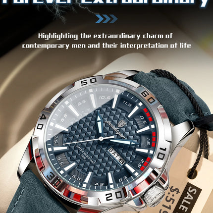 POEDAGAR Original Men's Wristwatch Top Luxury Waterproof Luminous Date Week Watch For Men Quartz Sport Leather Men's Watches Reloj