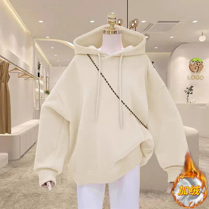 Women's Fleece Lined Hoodie Loose Fit Winter Pure Color Oversize Middle School Style American Korean Jacket Versatile Sweatshirt