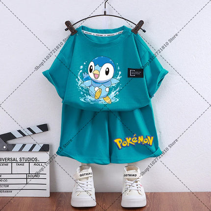 2pcs Pokemons Short-sleeved Shorts Summer Thin Waffle Clothes Suit Cartoon Anime Gengar Charmander Print Clothing Birthday Gift