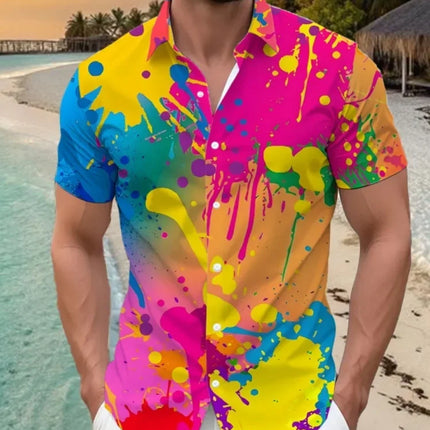 Men's Summer Casual Shirt Vibrant 3D Print Graffiti Art Short Sleeves Lapel Button-Up Top Stylish Streetwear Colorful Shirt Man