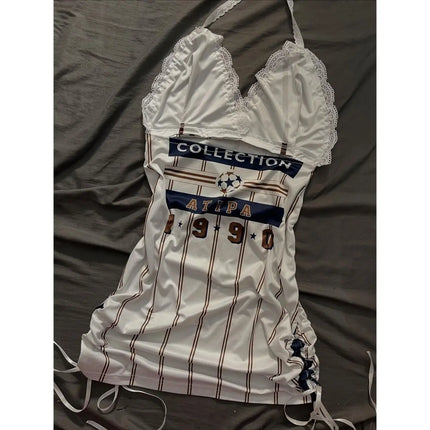 Sexy American Retro Color Block Sports Striped Lace Crop Top Halter Neck Vest Ins Short Length Ladies Outerwear