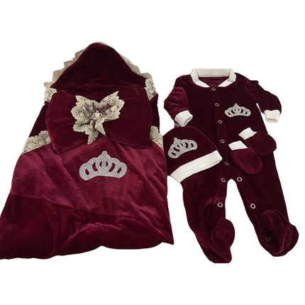 Royal Blue Velvet Baby Romper Outfits Set Welcome Home Nursery Infant Nest Luxury Crown Receiving Blanket Outfit Set