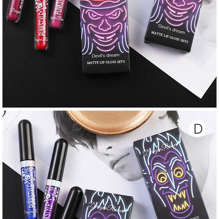 Lip Gloss in a Box of Three, Pearlescent Lipstick in a Non-Stick Cup, Shiny Purple and Black Lip Gloss Set