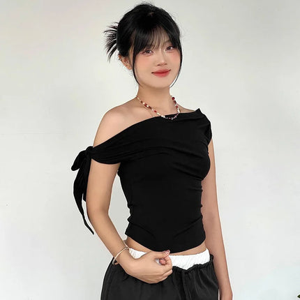 2024 Women's Summer Ins Style New Shrink Pleated One-Shoulder Crop Top Backless Twist Tie Asymmetric T-Shirt Casual Top