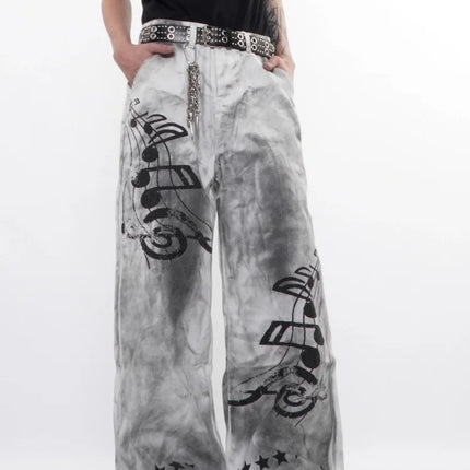 2026 American Retro Y2K Style Dirty Washed White Baggy Jeans Pants For Men Clothing Star Printed Straight Cotton Long Trousers