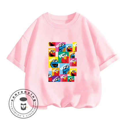 2026 Summer Cute Kawaii Sesame Street Crew Neck Tshirt 3-14Y Kids Boys Girls Cartoon Street Hot Fashion Outdoor Casual