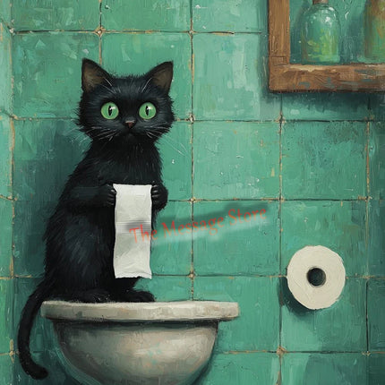 Funny Black Cat Bathroom Retro Mint Color Bathroom Toilet Bathtub Aesthetic Art Poster Canvas Painting Wall Pictures Home Decor