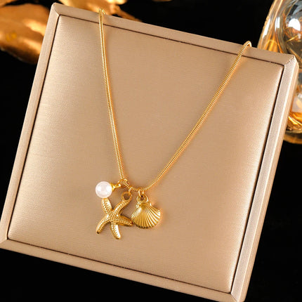 EILIECK 316L Stainless Steel Pearl Shell Starfish Sun Charm Necklace For Women Ocean Style Gold Plated Handmade Holiday Jewelry