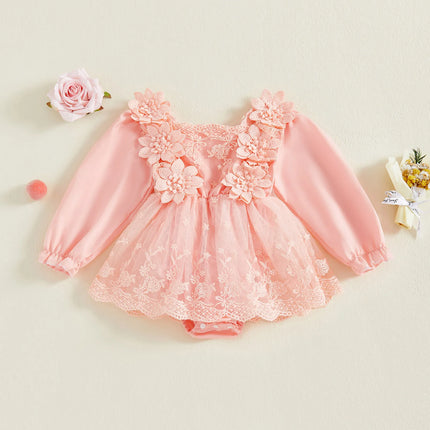 0-24M Infant Baby Girls Princess Romper Dress Cute Autumn 3D Lace Flowers Mesh Patchwork Long Sleeve A-Line Dress for Toddler