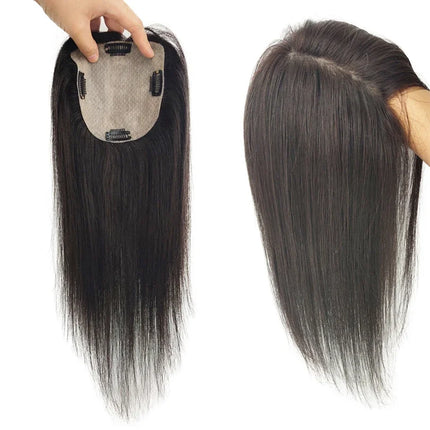 Silk Base Human Hair Topper with 4 Clip In Virgin Human Hair 5"x5" Breathable Toupee for Women Fine Hairpiece