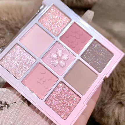 Romantic Pink Flower 9-Colors Glitter Eyeshadow Matte Shimmer Pink Brown Shiny Eye Shadow Girl Makeup Palette Lasting Cosmetic