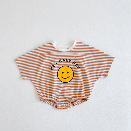 Summer style baby girl jumpsuit with cotton short sleeves, smiley face printed stripes, and a climbing suit