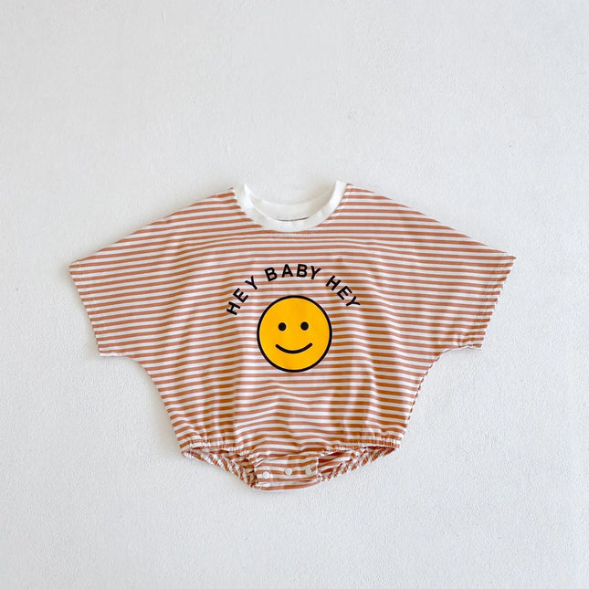 Summer style baby girl jumpsuit with cotton short sleeves, smiley face printed stripes, and a climbing suit