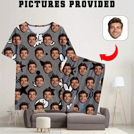 Men's Women's Facial Printed T-Shirt Shorts Set Personal Photo Customize Pajamas Comfortable Loose Home Set Valentine's Day Gift