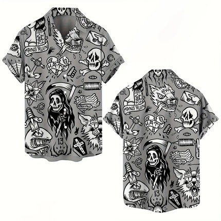 Skull 3D Printed Men's Hawaiian Shirt Street Gothic Style Trendy Vintage Lapel Tops Summer Y2K Casual Short Sleeve Beach Shirt