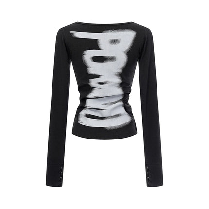 Tonngirls American Retro Print T-shirt Women Long Sleeve Button Graphic Tops Y2k Tops 2000s Japanese Grunge Tops E-girls Autumn