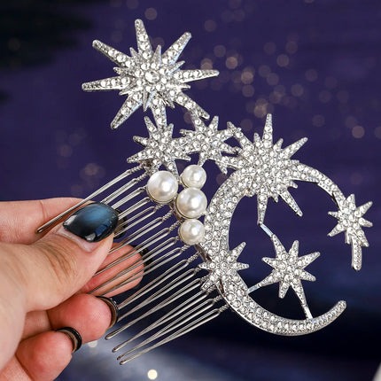 Retro Korean-Style Star and Moon Bridal Hair Comb Classic Pearl Handmade Hair Clip Headpiece For Women Holiday Hair Accessories