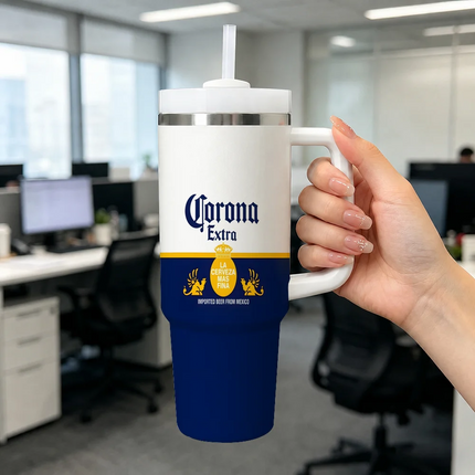 C-Corona E-Extra Beer Vacuum Flasks 40oz Stainless Steel Insulated Tumbler with Handle Straw