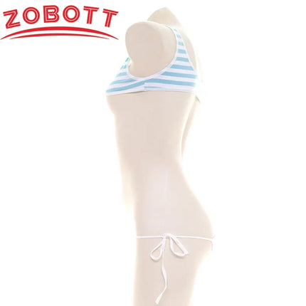 Japanese Sexy Lingerie Lolita Kawaii Blue Pink Striped Mini Bikini Adult Cosplay Erotic Costumes Striped Vest Suit